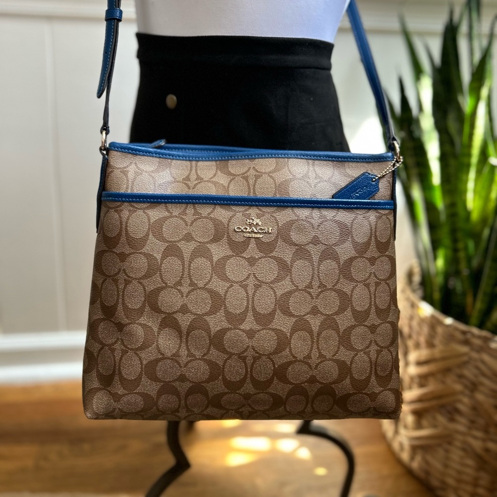 Coach Brown Signature Crossbody with Blue Trim and Strap